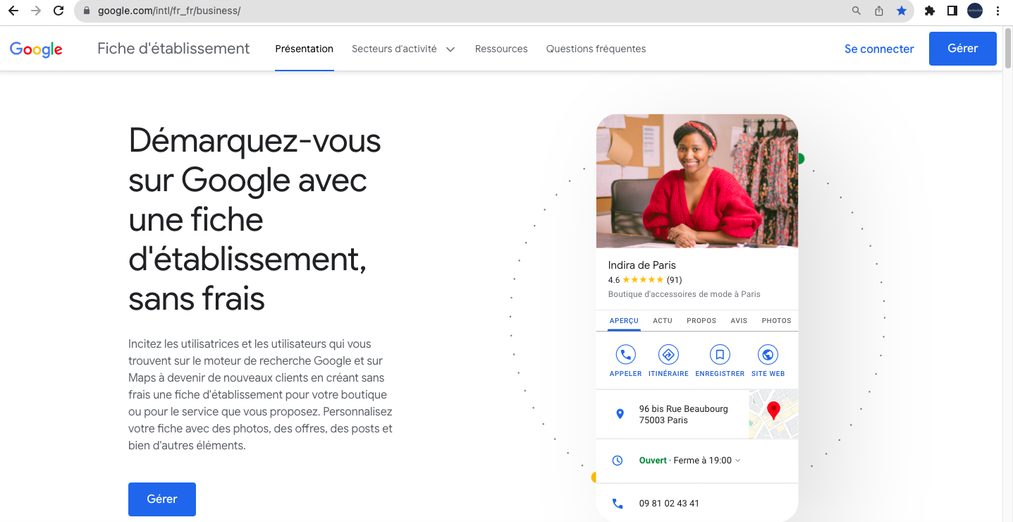 Capture d’écran page d'accueil fiche google my business