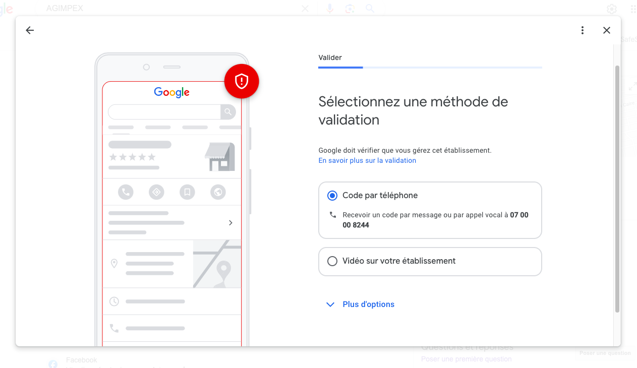 capture d'écran montrant le process de vérification pour valider sa fiche de profil business