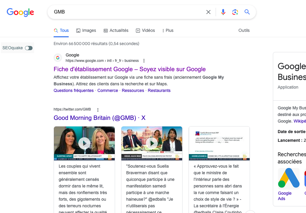 capture d'ecran de la SERP pour la recherche google my business