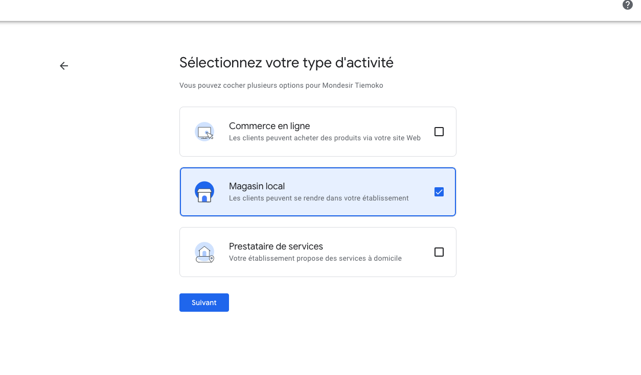 capture process creation fiche google my business, choix du type d'activité