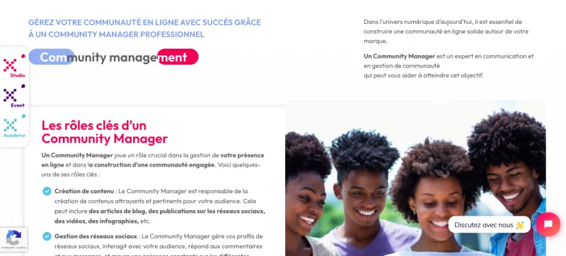 Capture page service community manager du site pixlstudio